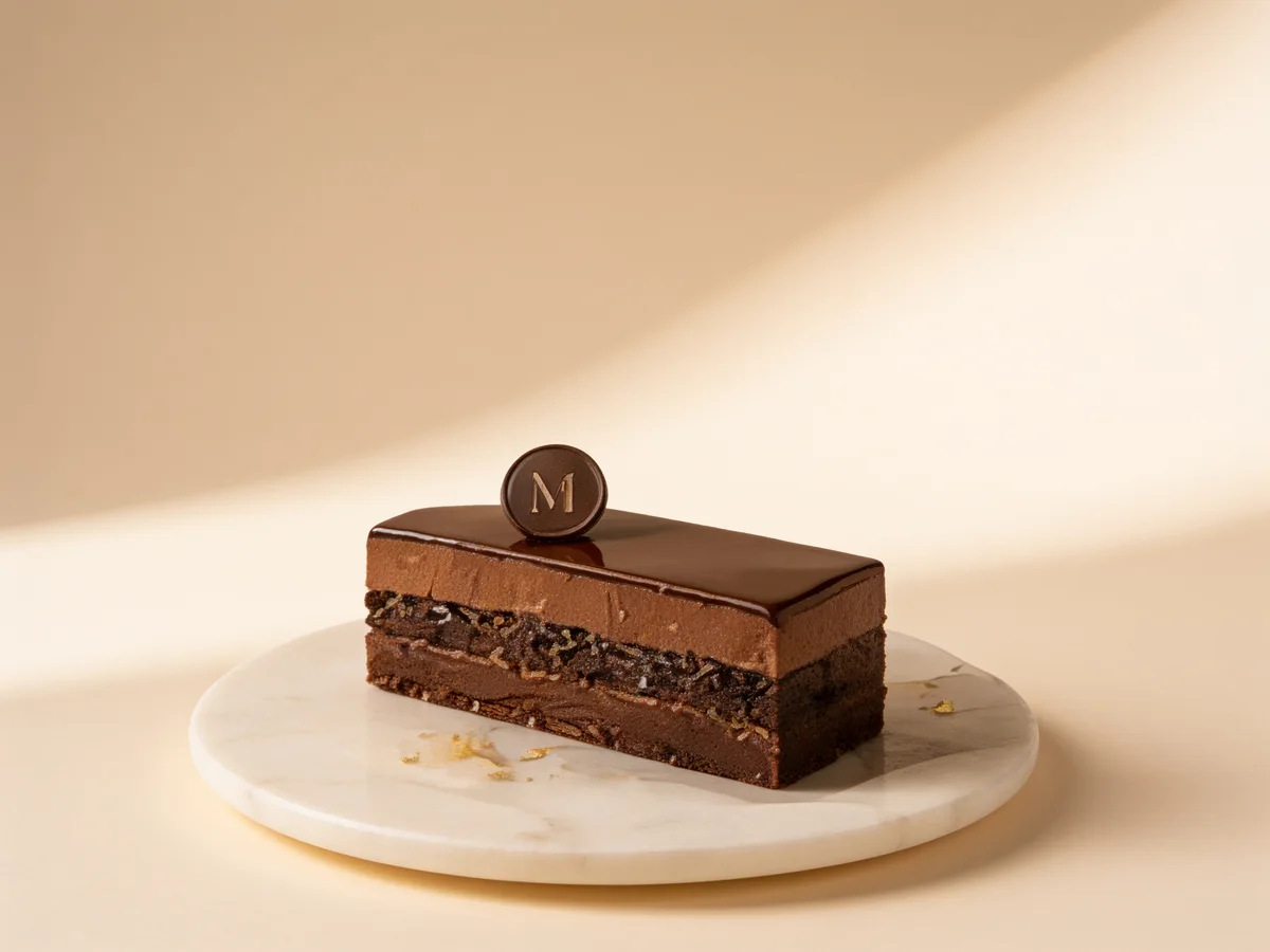 Fetta di torta al cioccolato con medaglione M