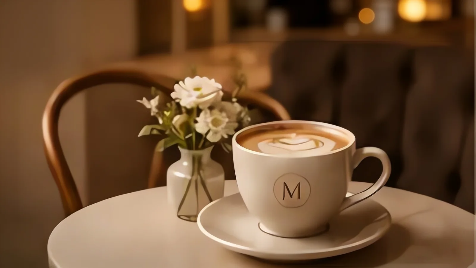 Cappuccino con la M di Maison Miette e fiori sul tavolino