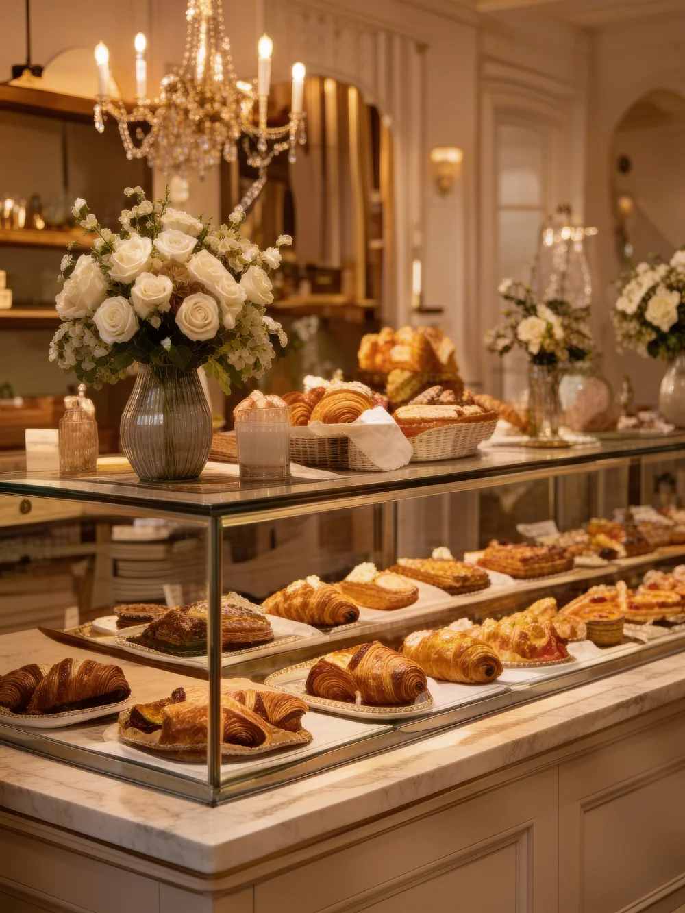 Vetrina dei dolci sotto i lampadari