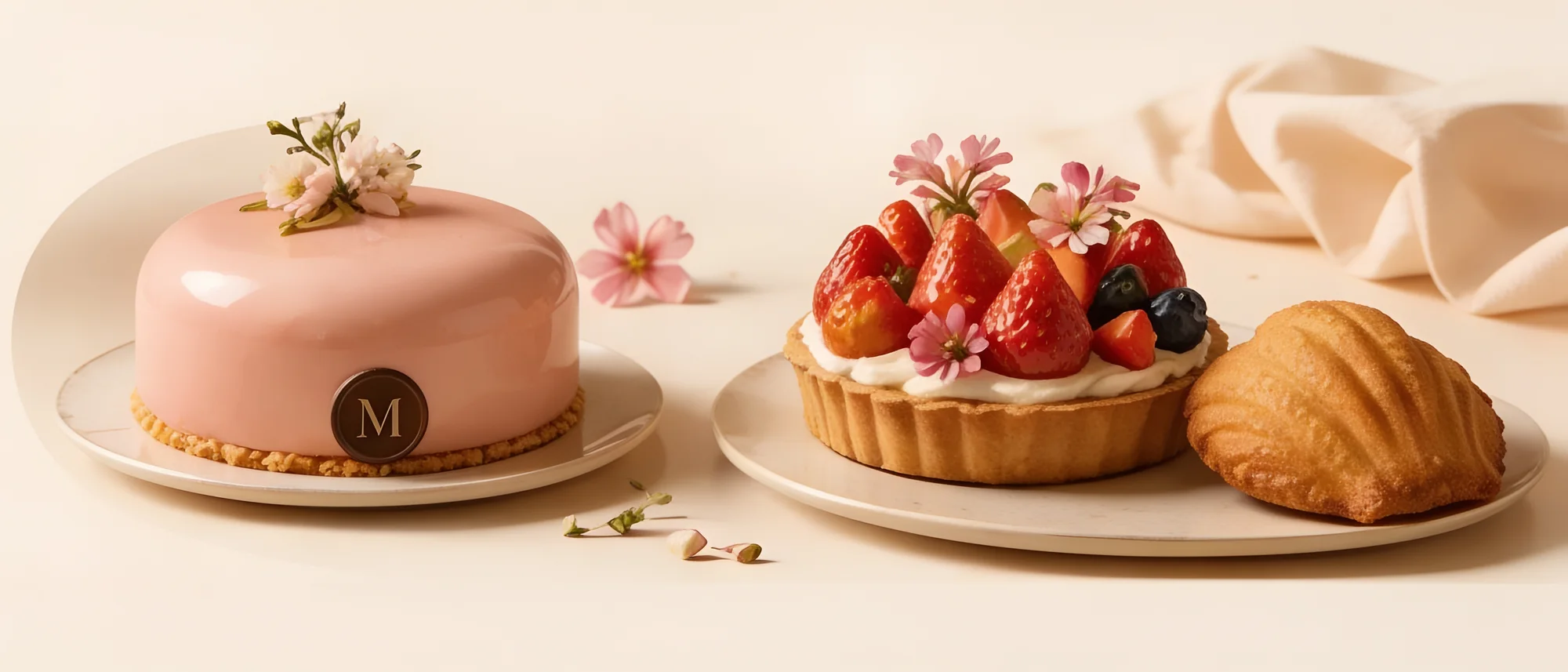 Torta rosa, tartelletta alle fragole e madeleine