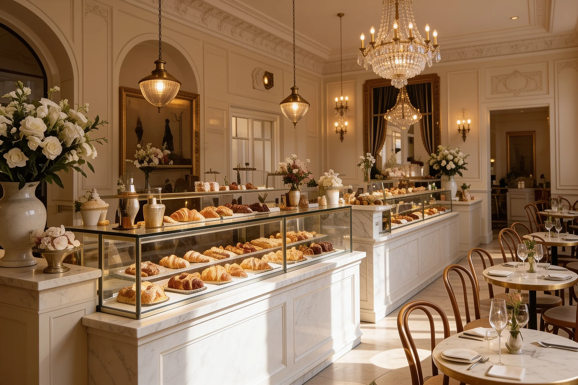 La sala della pasticceria con vetrine, fiori e tavolini