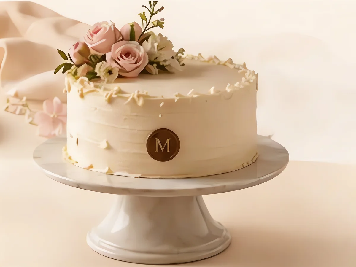 Torta bianca decorata con rose su alzata di marmo